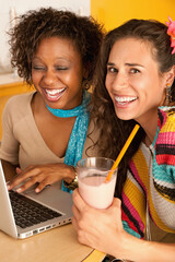 Young women at a cafe using a laptop computer. Vertical shot.