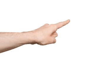 A man's hand points the direction with his finger. Points diagonally to the side.  Index finger pressing something. Isolate on a white background.