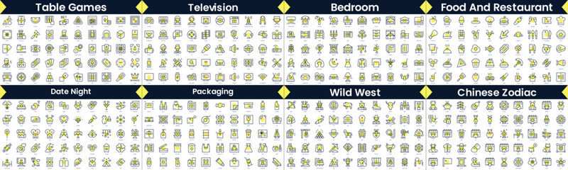 Linear Style Icons Pack. In this bundle include table games, television, bedroom, food and restaurant, date night, packaging, wild west, chinese zodiac