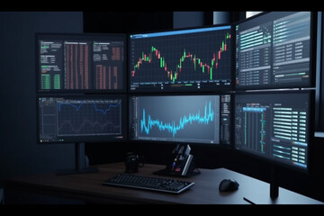 Wall Mural - Business and finance concept. Many screens with trading setup and charts on the screens. Copy space. Generative AI