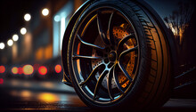 An Aluminum Rim On A Sports Car Wheel. Defocused Night Street And Lights In The Background. Layout. AI Generative.