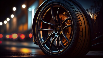 An aluminum rim on a sports car wheel. Defocused night street and lights in the background. Layout. AI generative.