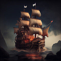 Photorealistic pirate schooner or sailing ship in the style of the 16th-17th century against the backdrop of the evening sea. AI generative.