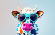 Cartoon Colorful Cow With Sunglasses On Isolated Background. Created With Generative Ai