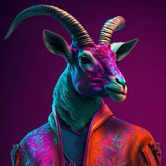 Realistic lifelike ibex in fluorescent electric highlighters ultra-bright neon outfits, commercial, editorial advertisement, surreal surrealism. 80s Era comeback.