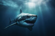 © Rytis - Animals, nature and wildlife concept. Great white shark swimming in deep blue waters. Generative AI