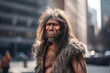 Portrait of prehistoric neanderthal man at city street in present time. Adaptation of ancient man in modern society. Created with Generative AI