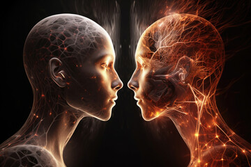 Wall Mural - two spiritual human bodies on dark background. souls connection. created with generative ai
