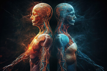 Wall Mural - two spiritual human bodies on dark background. souls connection. created with generative ai