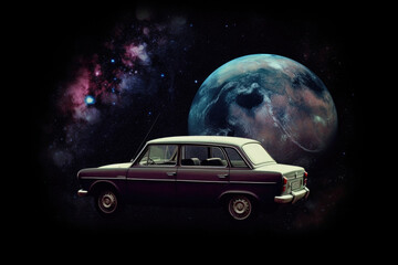 Wall Mural - futuristic retro car on galaxy and nebula background. vehicle in space for futuristic travel. creati