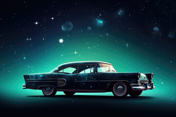 Wall Mural - futuristic retro car on galaxy and nebula background. vehicle in space for futuristic travel. creati