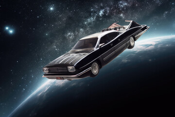 Wall Mural - futuristic retro car on galaxy and nebula background. vehicle in space for futuristic travel. creati