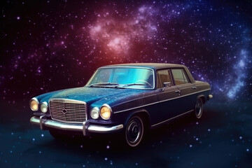 Wall Mural - futuristic retro car on galaxy and nebula background. vehicle in space for futuristic travel. creati