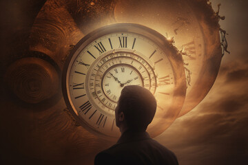 Wall Mural - Abstract concept of time passing by. Human silhouette and old clock representing past time. Turn back time concept. Melancholic mood. Generative AI
