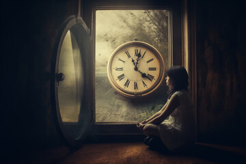 Wall Mural - Abstract concept of time passing by. Human silhouette and old clock representing past time. Turn back time concept. Melancholic mood. Generative AI