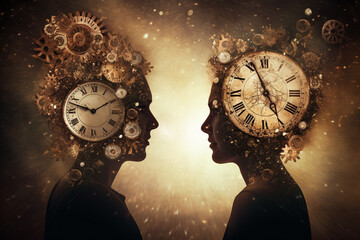 Wall Mural - Abstract concept of time passing by. Human silhouette and old clock representing past time. Turn back time concept. Melancholic mood. Generative AI