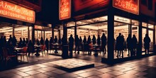 Illustration Of A Group Of People Waiting Outside A Restaurant At Night Created With Generative AI Technology