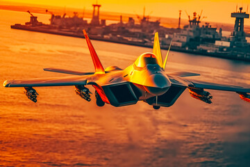 Wall Mural - A fighter jet flies over an aircraft carrier