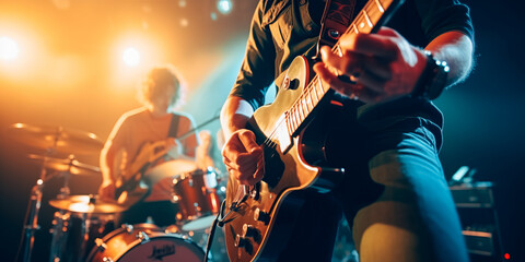 a rock band is performing on stage. guitarist, bass guitar and drums. the guitarist is in the foregr
