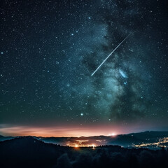 a shooting star falling in a night sky full of stars