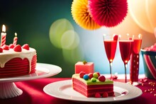 Red, Colorful Birthday Cake With Sweets, Jelly Beans And Drinks