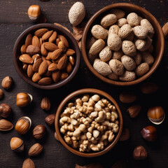 Wall Mural - Nutritious set of nuts showcased on a dramatic dark background. Generative ai