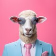Portrait of sheep wearing business suit with tie and sunglasses. Generative AI art