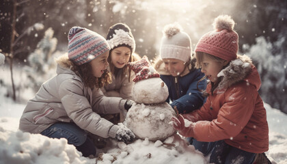 Wall Mural - Smiling family plays in the snowy forest generated by AI