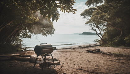 Poster - Grilled meat on metal table, summer relaxation generated by AI