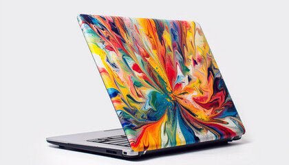 Wall Mural - Abstract laptop painting with vibrant multi colored ink generated by AI