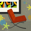 Retro-modern chair with framed modern art; colorful and stylized. Easy-edit layered file.