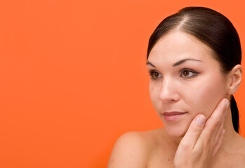 Sticker - attractive and fresh brunette woman on orange background