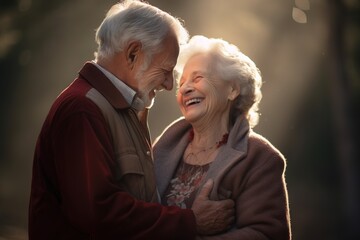 Wall Mural - older couple hugging smiling outdoors, french countryside, joyful and optimistic