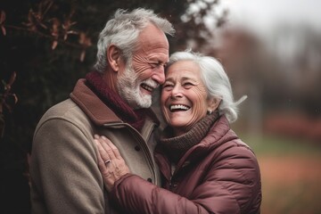 Wall Mural - older couple hugging smiling outdoors, french countryside, joyful and optimistic