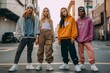 A street-style fashion shoot featuring models wearing trendy urban outfits, including baggy jeans, sneakers, and oversized hoodies, reflecting the fashion influence of hip-hop culture. Generative AI