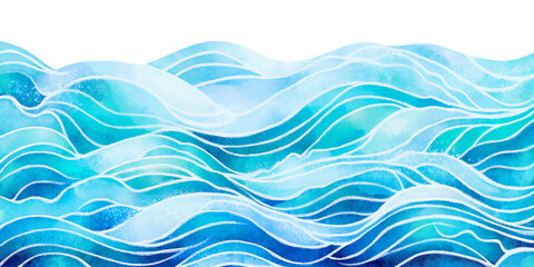 transparent ocean water wave copy space for text. isolated blue, teal, turquoise happy cartoon wave 
