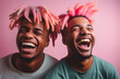 Pair of cheerful smiling black friends brothers guys with pink hair dreadlocks hairstyles on a pastel pink background. Generative AI