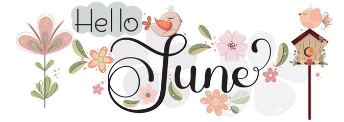 Wall Mural - Hello June. JUNE month vector with flowers, birds and leaves. Decoration floral. Illustration month June