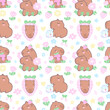 Childish seamless pattern with capybaras, strawberries, flowers. Cute background for textile design, cover, wrapping paper.