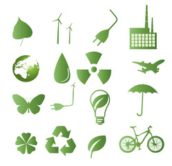 Sticker - Ecological icon set. 16 green vector symbols for the environmental protection.