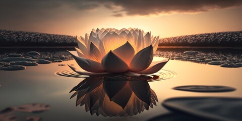 Wall Mural - Zen lotus flower on water, meditation and spirituality concept, illustration generative ai