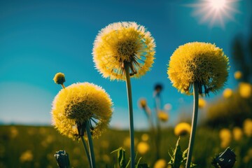 Canvas Print - three bright yellow dandelions in a lush green field. Generative AI