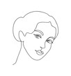 Beautyfull girl with elegant hairstyle. Young woman face. Portrait female beauty concept. Continuous one line drawing. Black and white vector illustration