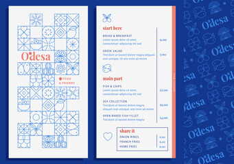  Restaurant menu design template, with food icons and geometric elements.