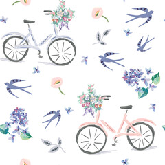 Wall Mural - Swallow birds, bikes and flowers, white background. Vector seamless pattern. Cute print. Spring illustration