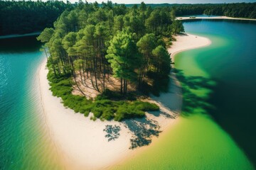 Wall Mural - serene small island surrounded by clear blue waters in the middle of a picturesque lake. generative 
