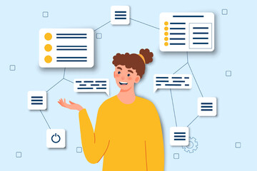Wall Mural - woman with cms. content management system. analysis of user behavior on website and pages. seo speci