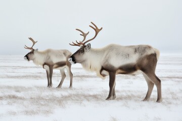 Canvas Print - two reindeer standing on a snowy field Generative AI