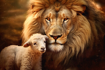 the lion and the lamb, bible's description of the coming of jesus christ. ai-generated image
