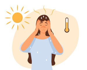 Hot weather concept. Woman stands in blue Tshirt under sun and sweats next to thermometer. hot summer day, sunstroke. Sweat, perspire, headache and dehydration. Cartoon flat vector illustration